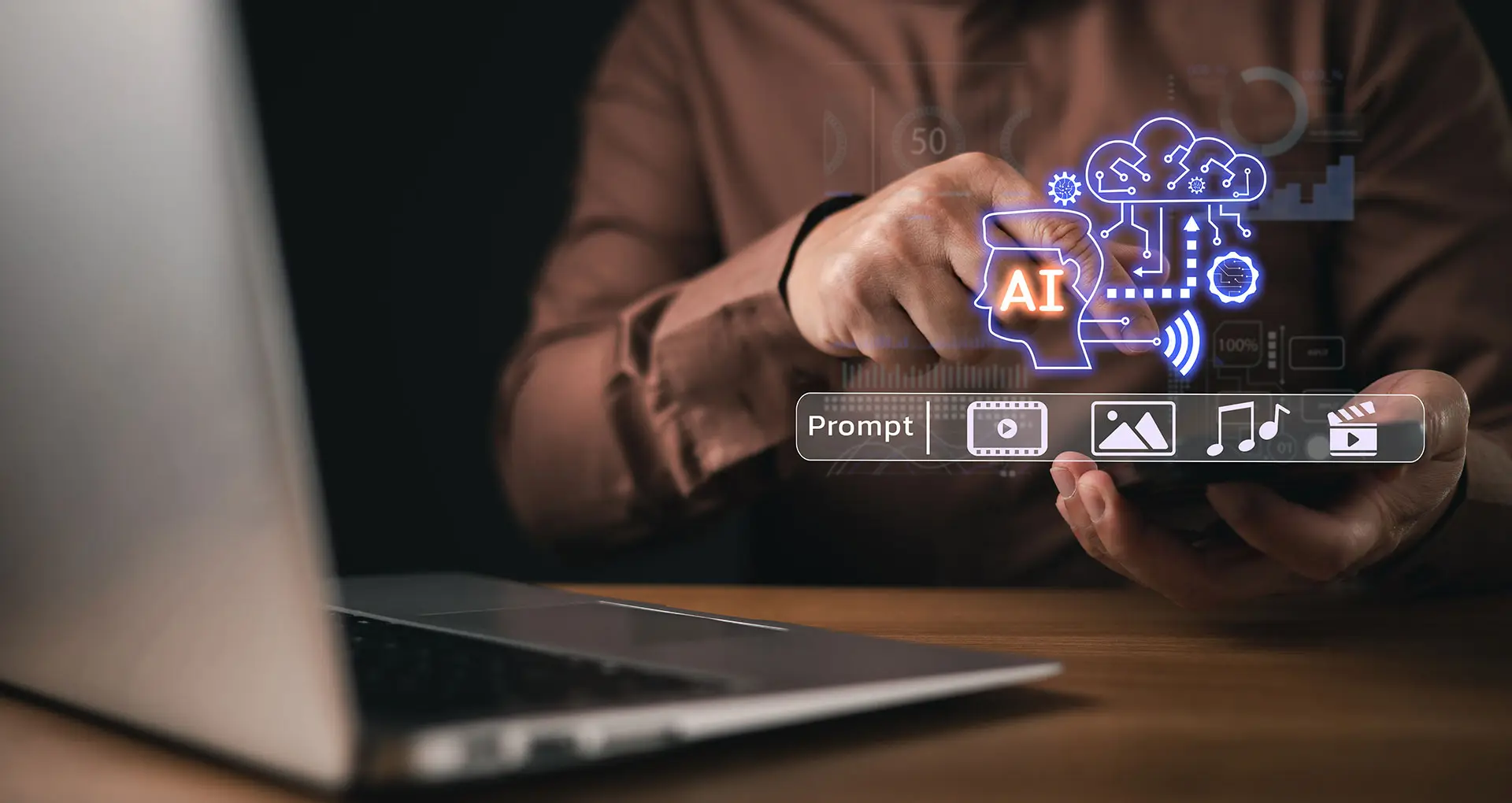 Hands interacting with a futuristic AI interface with icons and graphs symbolizing data analytics and artificial intelligence concepts.